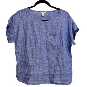LL Bean Size Small Chambray Blue Short Cap Sleeve Relaxed Fit 100% Linen Top
